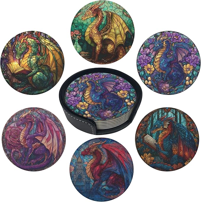 Dragon Coasters Leather Round Drink Coasters 6 Pcs Set with Holderor for Cup Drink Coffee Table Bar Home Decor