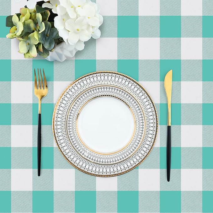 misaya Rectangle Waterproof Vinyl Table Cloth, Buffalo Flannel Backed Tablecloth, Wipeable Plastic Table Cover for Dinner, Kitchen, Outdoor (60" x 84", Teal and White)