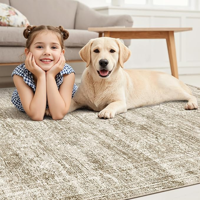 12x15 Washable Area Rug Brown Neutral Abstract Living Room Large Carpet Non Slip Bedroom Indoor Office Dining Room Low Pile Thin Rug