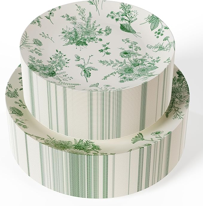 Trendables 40 Piece Plastic Disposable Plates Set For 20 Guests I 20 X 8 Inch Dessert Plates & 20 X 10 Inch Wedding Party Plates | Ivory & Green Verdure Design