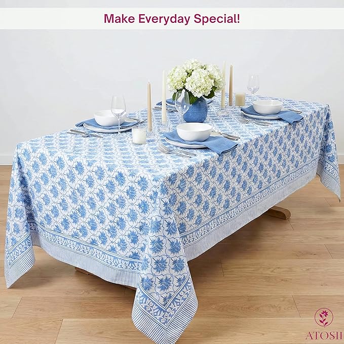 ATOSII Padma Blue 100% Cotton Rectangle Summer Tablecloth, Indian Block Print Floral Table Cloth I Dining Parties Weddings Outdoors Holidays 60 X 90 Inches, 6 Seater I Grandmillennial Farmhouse Boho