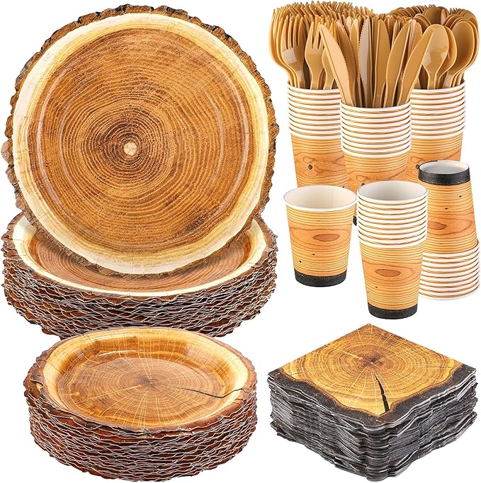 Kochorie 400 Pieces Wood Slice Disposable Tableware Sets, Rustic Wood Party Supplies with Plates Cups Napkins Cutlery Serves 50 for Birthday Hunting Forest Themed Party Decorations