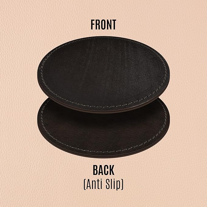 Genuine Leather, Premium Table Coasters by Leatherific, Round, 4 inch, Set of 6, with Holster, Handcrafted, Hand Made, Non Slip Drink Mats, Brown (Brunette Brown, 4")
