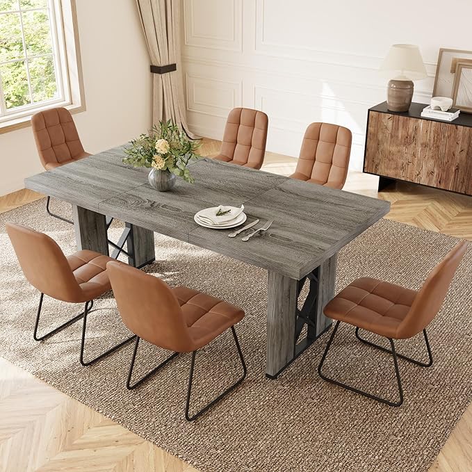 7-Piece Dining Table Set for 6 People, 70.8" MDF Kitchen Table with 6 Upholstered Chairs, Space-Saving for Dining Room, Breakfast Nook(Grey Table+6 Brown Chairs)