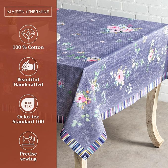 Maison d' Hermine Table Cloth Rectangle Table 100% Cotton 60 x 108 Inches Tablecloth Reusable Decorative for Dining Room Valentines Day Decorations Spring Summer - Sweet Rose Lavender - Country Garden