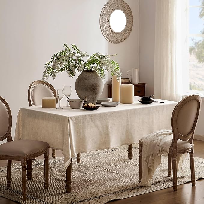 Linen Tablecloth for Square Table 60x60 Inch Light Tan, Farmhouse Style Beige Tablecloth, Water Resistant Burlap Tablecloths for Dining Table Farmhouse Kitchen