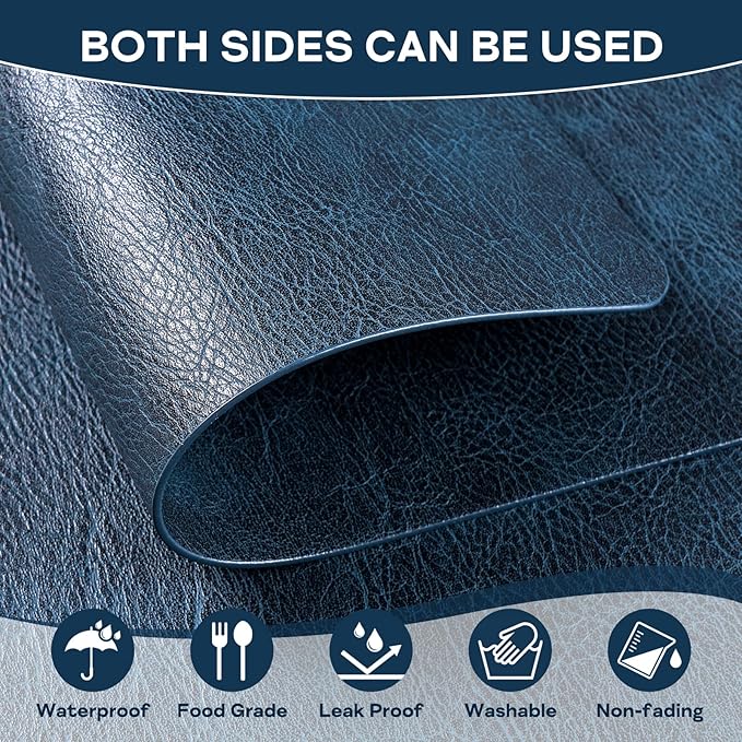 Faux Leather Placemats Set of 6, Washable Place Mats, Wipeable Waterproof Oil-Proof Heat Resistant Table Mats, Vinyl Placemats Rectangular Place Mat for Table Indoor Outdoor (Navy Blue)