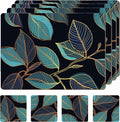 Set of 4 Heat Resistant Cork Placemats for Dining Table with Free Set of 4 Matching Drink Coasters Sage Green Marble Design 16 x 12 Inches Cork Backed Hard Placemats (Blue Gold Botanical)