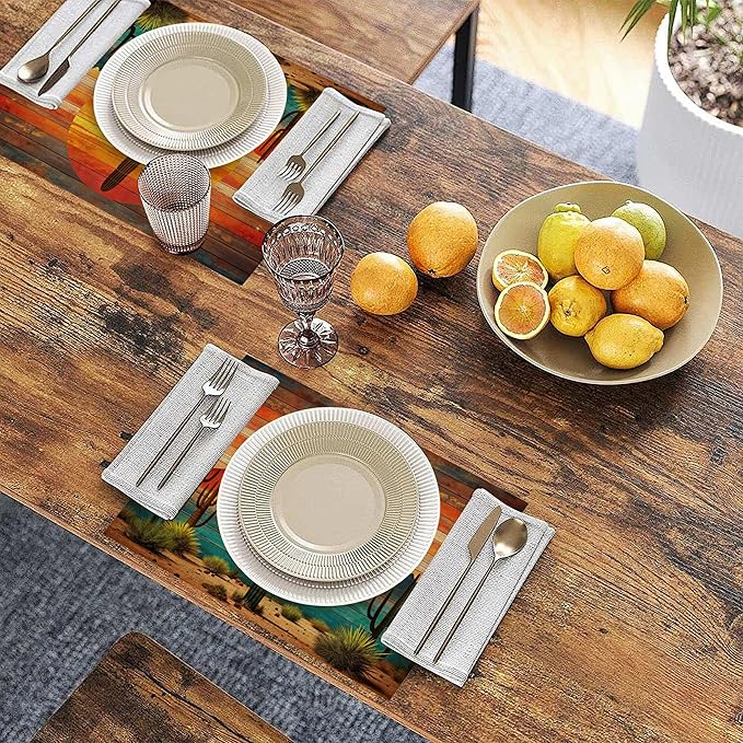Table Placemats Set of 6, Waterproof Linen Fabric, Non-Slip Backing & Easy Clean, Elegant Dining Table Protectors for Family and Guests (Boho Cactus)