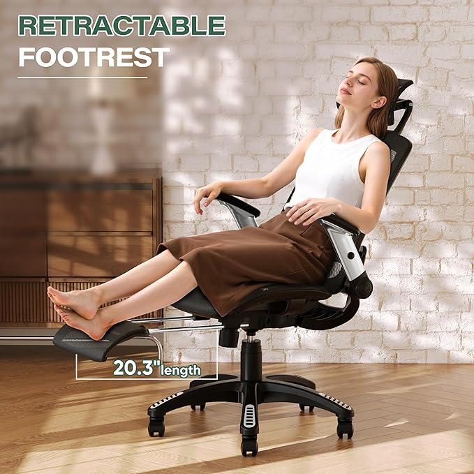 GABRYLLY Ergonomic Office Chair with Footrest, High Back Home Desk Chair - 3D Headrest, Flip-Up Arms, 135° Tilt and Wide Cushion, Heavy Duty Mesh Chairs for Task Computer Gaming,GYB01-FT