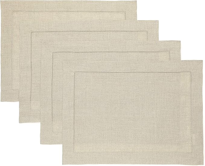 Solino Home Linen Placemats Set of 4 - Classic Hemstitch Natural Placemats 14 x 19 Inch - 100% Pure Linen Table Mats for Spring, Easter
