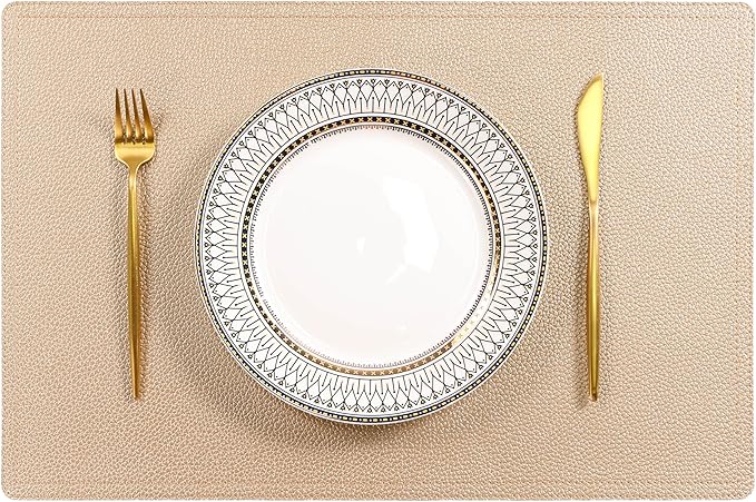 Set of 6 Faux Leather Placemats, PU Table Mats, Waterproof, Stain Resistant, Heat Resistant, Easy to Clean for Kitchen Dining Table,Conference Table C Gold Rectangle