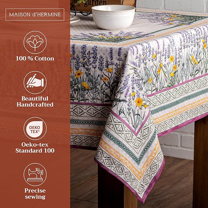Maison d' Hermine Table Cloth Rectangle Table 100% Cotton 70 x 90 Inches Tablecloth Reusable Decorative for Dining Room Farmhouse Home Valentines Day Decorations Spring Summer - Fanny Lavender