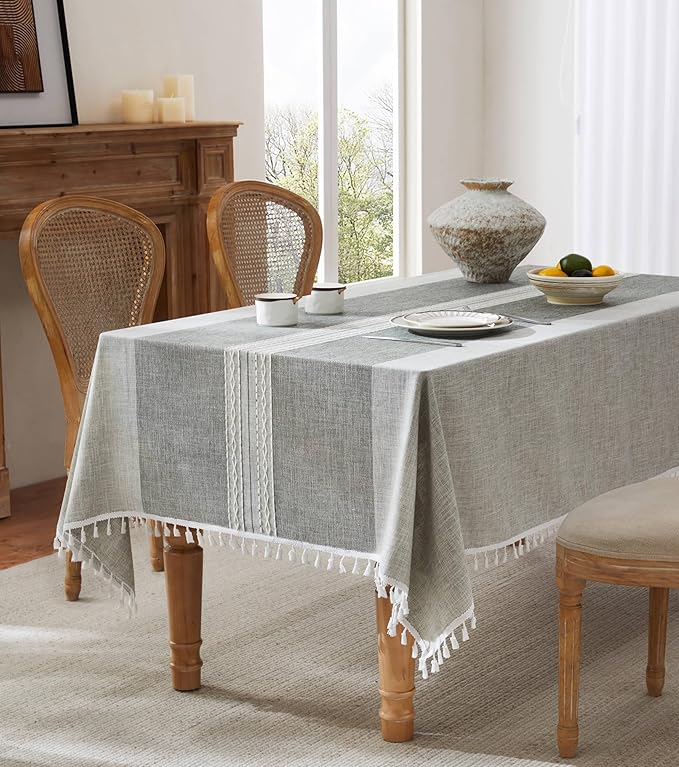 ZeeMart Contrast Linen Table Cloth Square Table Cloths 52x52 Inch Mid-Stripe Grey, Farmhouse Style Heavy Weight Grey Tablecloth, Water Resistant Burlap Tablecloths