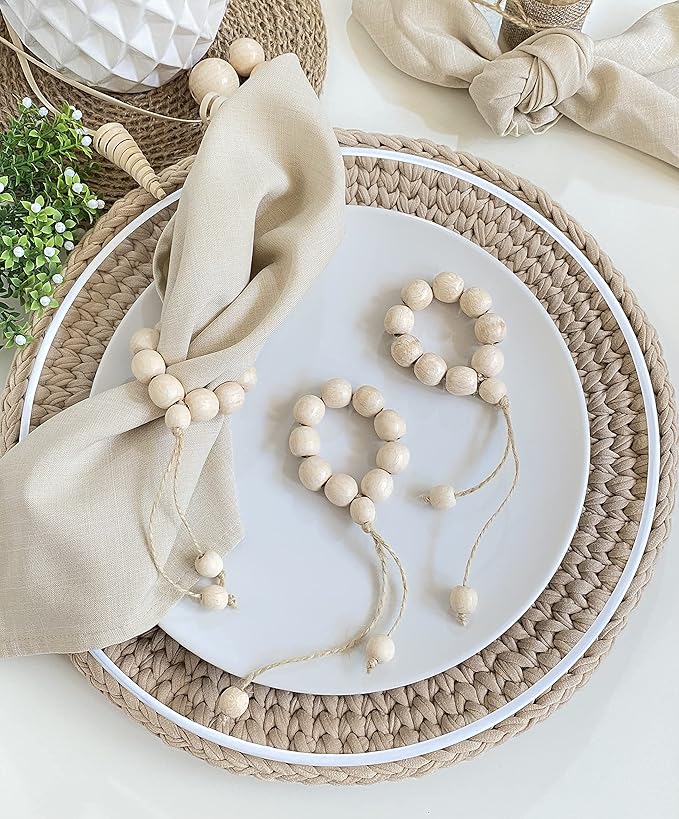Handmade Napkin Ring with Wood Beads & Jute Twine - Affordable Rustic Wooden Napkin Ring Holder for Table Decoration | Boho Style Farmhouse Napkin Rings | Napkin Rings Set of 6