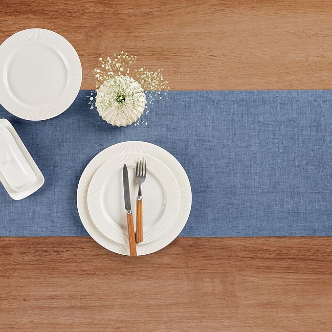 Solino Home Linen Table Runner 36 Inches - 100% Pure Linen Blue Denim Table Runner 14 x 36 Inch Ideal for Dresser and Coffee Tables - Athena, Winter, Spring, Easter