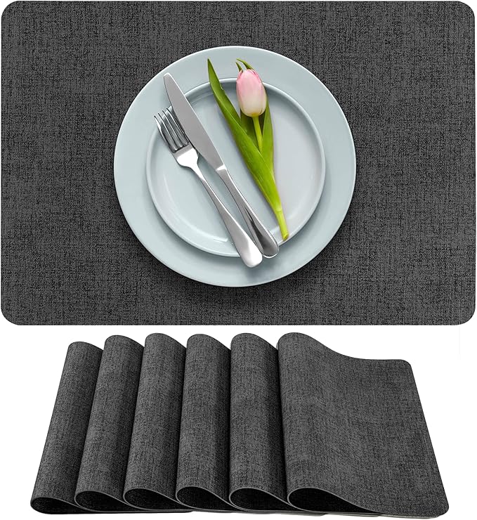 More Décor Faux Leather Placemats Set of 6 for Dining Table – Waterproof, Wipeable, Washable, Stain & Heat Resistant, Non-Slip Table Mats – 12 X 17 Inch, Dark Grey