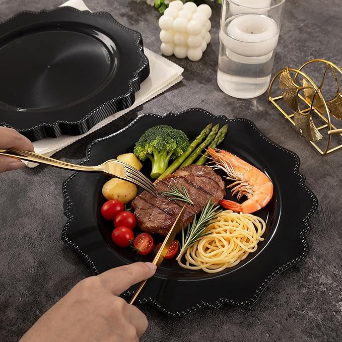 COLOSUS 100pcs Black Plastic Party Dinner Plates - 9.5 Inch- Heavy Duty Disposable Plastic Dinner Plates for Party Wedding and Everyday Use