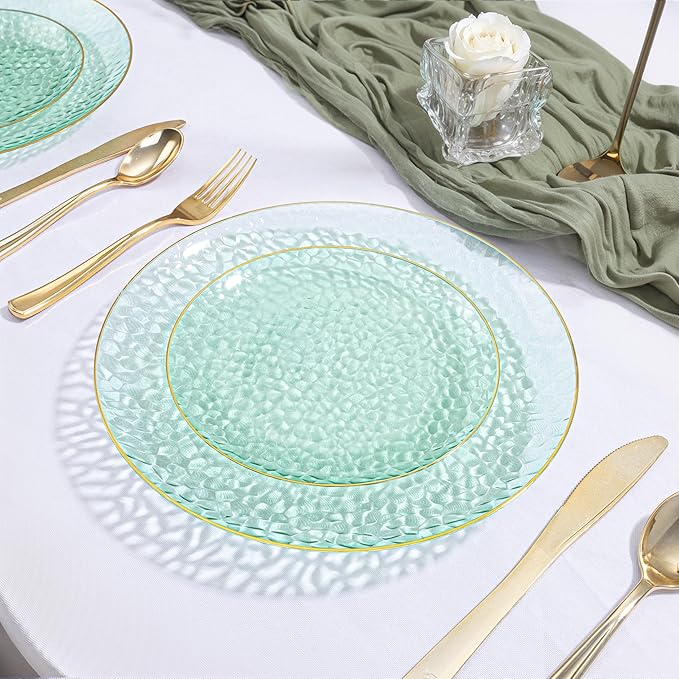 DaYammi 60PCS Green Gold Plastic Plates - 10 inch Green Plastic Dinner Plates - Hammer Pattern Design - Fancy Disposable Plates Ideal for Wedding & Party
