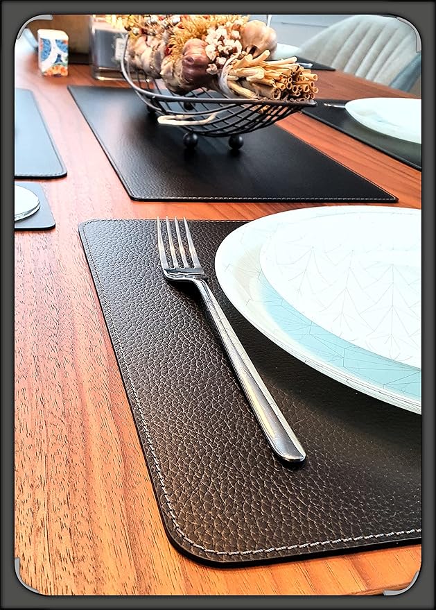 Nikalaz Set of Small Black 4 Placemats and 4 Coasters Made of Recycled Leather, Place Mats (15.7'' x 11.8'' and Coasters 3.9'' x 3.9'', Black)