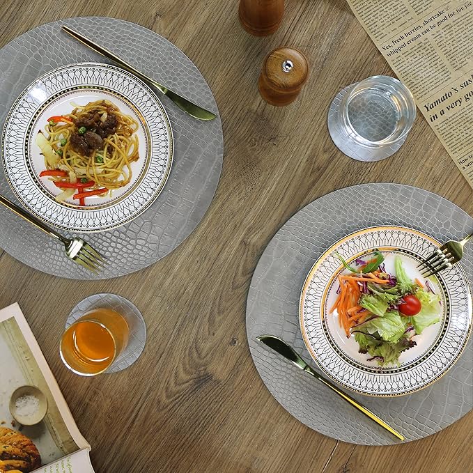 Round Leather Placemats for Round Tables Set of 4, Gray Table Place Mats and Coasters, Washable Easy to Care for Indoor Decor 13" Diameter