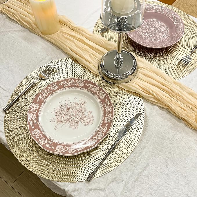Set of 4 PVC Gold Textured Round Placemats Dinning Kitchen Table Mats Decorations Setting for Christmas Wedding Thanksgiving Party Event Holiday Autumn Harvest 15 Inch