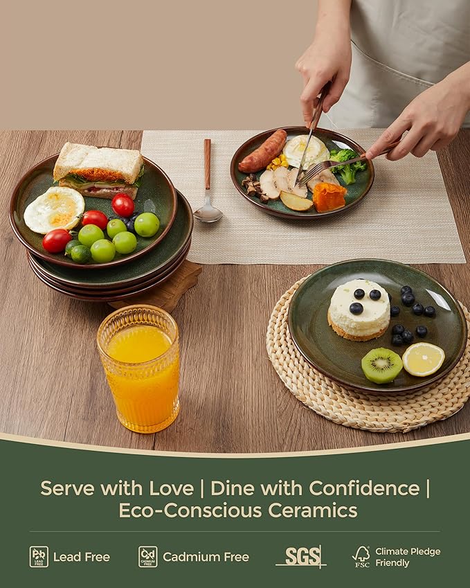 Ceramic Salad Plates Set of 6, 8.0 Inch Reactive Glaze Dish Set, Small Dinner Plate for Dessert, Salad, Appetizer, Microwave & Dishwasher Safe, Scratch Resistant-Brown and Green