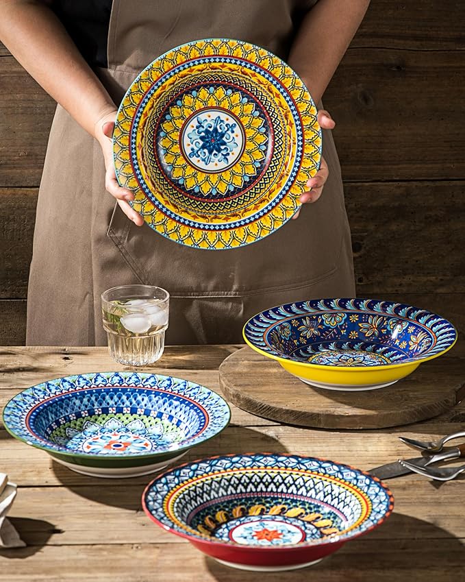 Soup and Pasta Bowls Set of 4-18 Oz Wide Rim, Porcelain Serving Bowls for Kitchen, Deep Dinner Plates - Microwave & Dishwasher Safe - Bohemian Style
