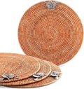 Vagabond House Round Wicker Placemats with Pewter Orchid Accent, Set of 4, 15.5 Inches Diameter - Hand-Woven Rattan, Elegant and Durable, Perfect for Enhancing Table Decor and Protection