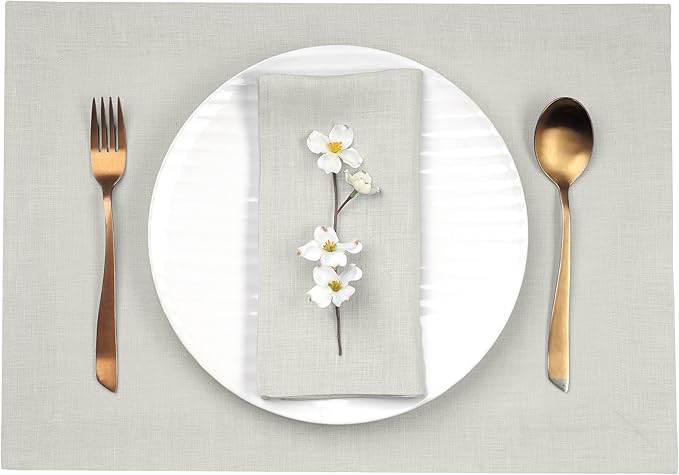 D'Moksha Homes Linen Placemats 14 x 19 Inch - Silver Grey Placemats Set of 6-100% Pure Linen Table Place Mats for Spring, Easter - Handcrafted and Machine Washable