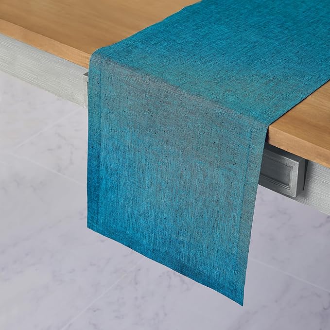 Solino Home Linen Table Runner 72 Inches Long - Athena, 100% Pure Linen Chambray Teal Dining Table Runner 14 x 72 Inch for Spring, Easter, St Patricks Day - Handcrafted and Machine Washable