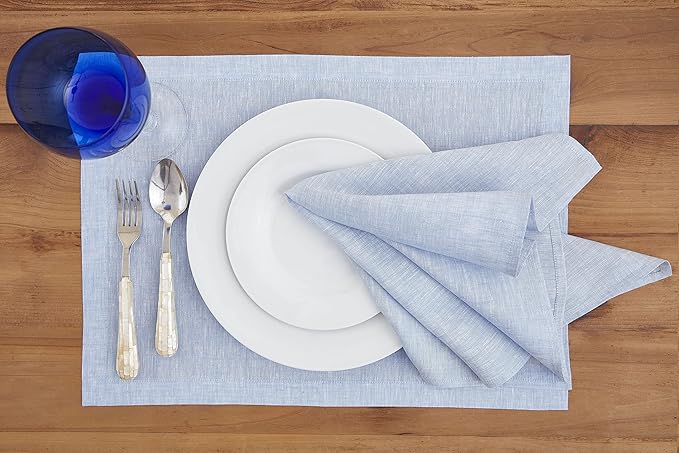 Solino Home Linen Cloth Placemats Set of 4-100% Pure Linen Chambray Blue Placemats 14 x 19 Inch - Athena - Winter, Spring, Easter