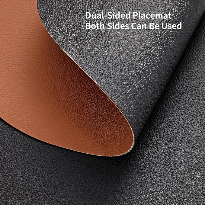 Myir JUN Round Placemats Set of 6 Faux Leather Place Mats and Coasters 15 inch Round Table Mats Dual Sided Non-Slip Stain Resistant Placemats (Black & Brown, Set of 6)