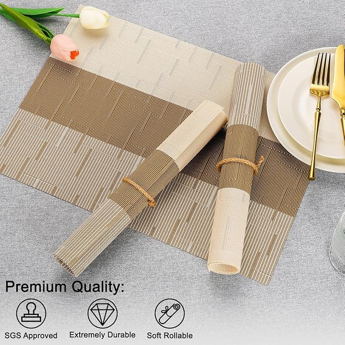 Placemats Set of 4, Vinyl Woven Place Mats Indoor Set of 4 Washable Wipeable PVC Table Mats Heat-Resistant Non Slip Placemat for Kitchen Dining Outdoor Table (Beige Light Brown, Set of 4)