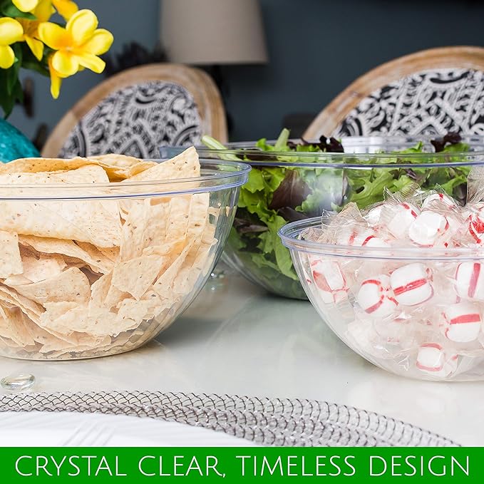 PLASTICPRO Disposable Round Crystal Clear Serving Bowls, Party Snack or Salad Bowl, Plastic Chip Dish, Candy Dish (4, 48 OUNCE)