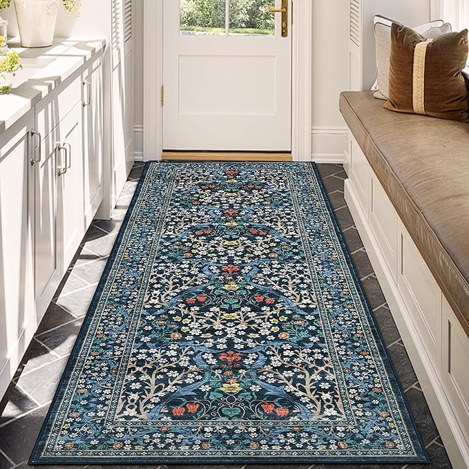 GarveeHome Kitchen 2x6 Runner Rug, Floral Washable Rugs for Hallways Non Slip Stain Resistant, Boho Soft Rug Botanical Carpet for Entryway, Laundry Room, Bedroom Floor Mat, Dark Blue