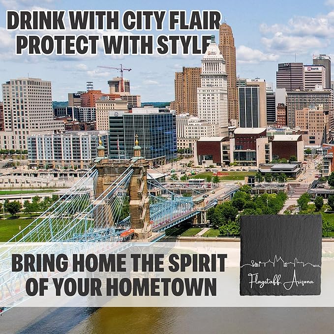 Blue Ridge Mountain Gifts - Flagstaff AZ Skyline Coasters, Set of 4 - Flagstaff Arizona Souvenir, Slate Coasters with Minimalist Skyline, Housewarming Gift for Friends, Family, & Neighbors