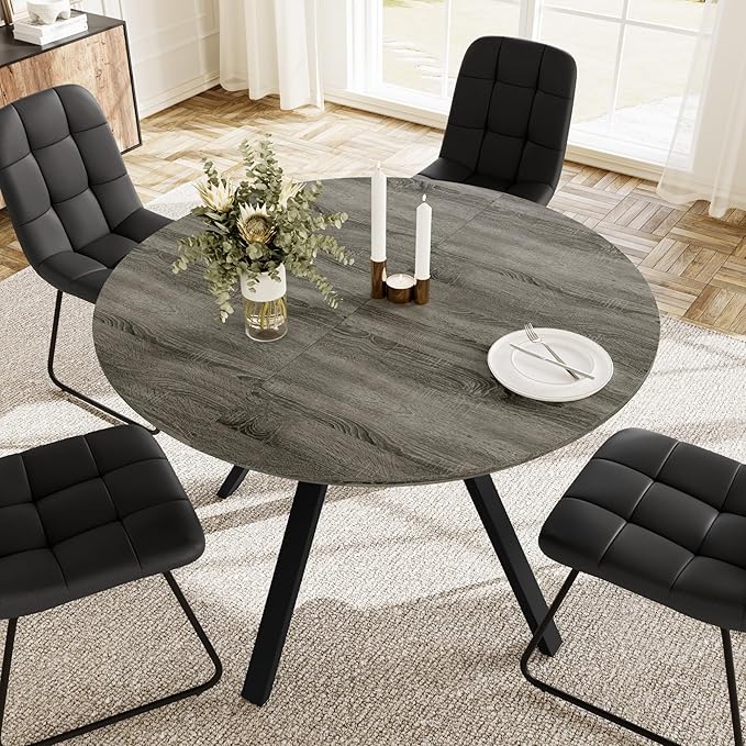Extendable Round Dining Table Set for 4 People, 43.3"-59.1" Extendable Kitchen Table with 4 Upholstered Chairs, Space Saving for Kitchen Dining Room (Grey Table+4 U-Shaped Black Chairs)