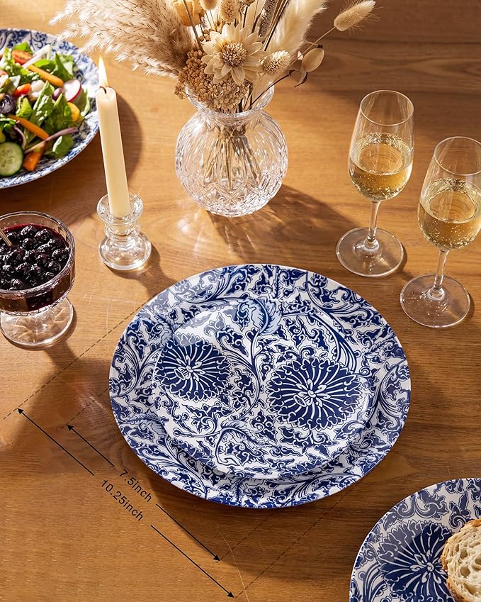 Hioasis 60pcs Plastic Disposable Plates Set - Blue Dandelion & Blue Leaf Pattern, 10.25 Dinner & 7.5 Dessert Plates for Wedding,Anniversary,Party and Holiday