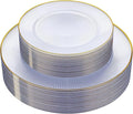Hioasis 60pcs Clear Gold Plastic Plates - Gold Disposable Dinnerware Set, 30pcs Dinner 10.25in & 30pcs dessert 7.5in plates with striped designs for party & wedding