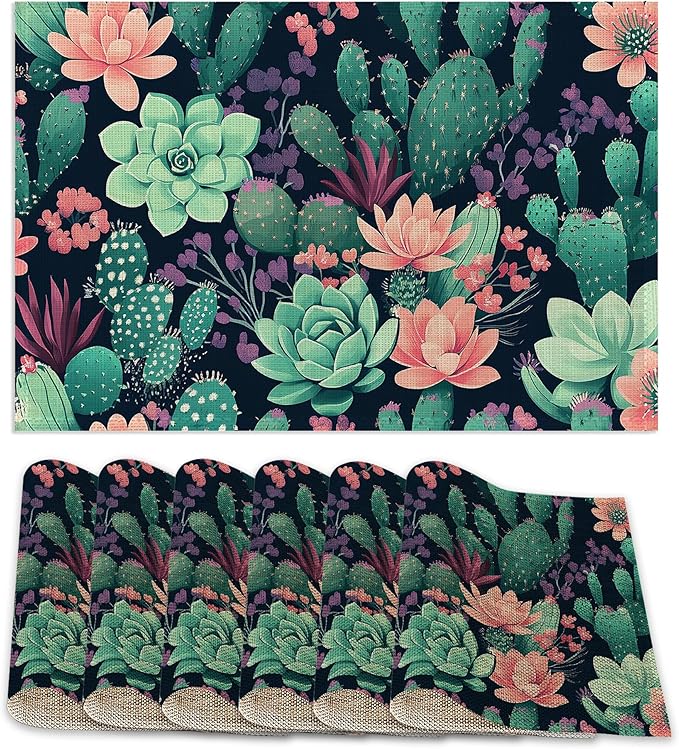 Placemats Set of 6,Cactus Flowers Table Mats,Tropical Succulent Washable Linen Table Mats,Non-Slip Heat Resistant Placemats for Party Kitchen Dining Indoor Outdoor 12"x18"