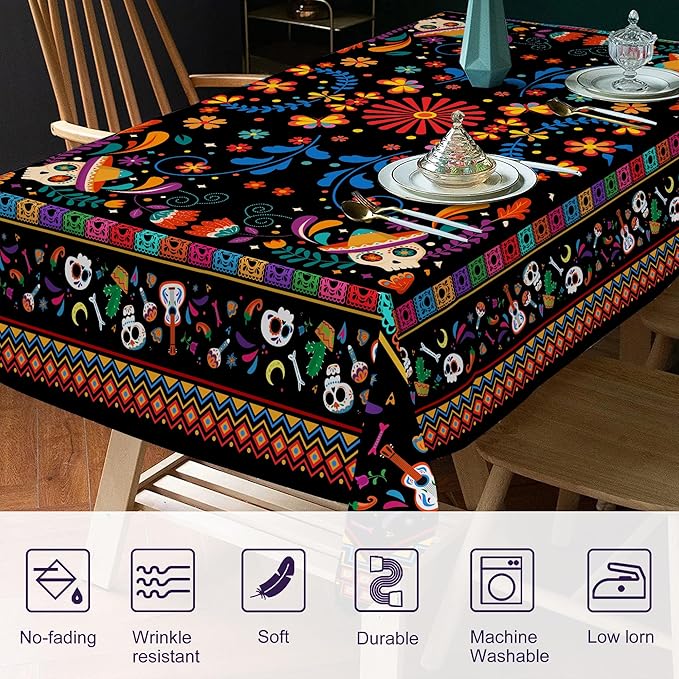 Mexican Tablecloth Rectangle 60 x 120 Inch, Cinco De Mayo Flower Skull Table Cloth Fiesta Indoor Decorations for Dining Room Party