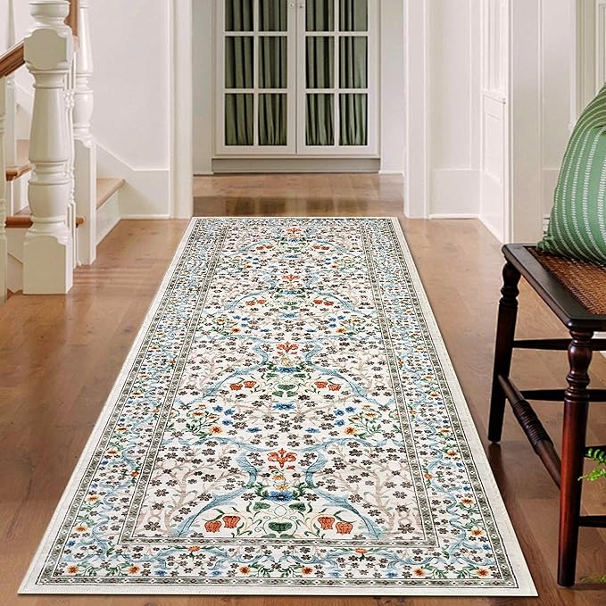 GarveeHome Washable Kitchen Runner Rug, Floral 2x6 Rug for Hallway Non Slip Stain Resistant, Ultra-Thin Boho Soft Hallway Rug for Entryway, Laundry Room Floor Mat, Beige
