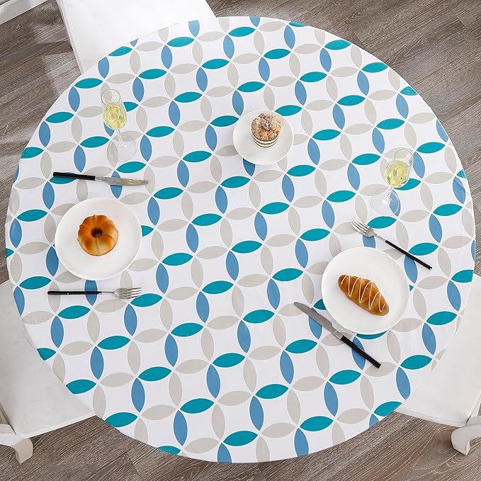 Walrus Round Vinyl Fitted Tablecloth with Flannel Backing Elastic Edge Design Table Cover Waterproof Oil-Proof PVC Table Cloth Stain-Resistant Best for 57"-66" Round