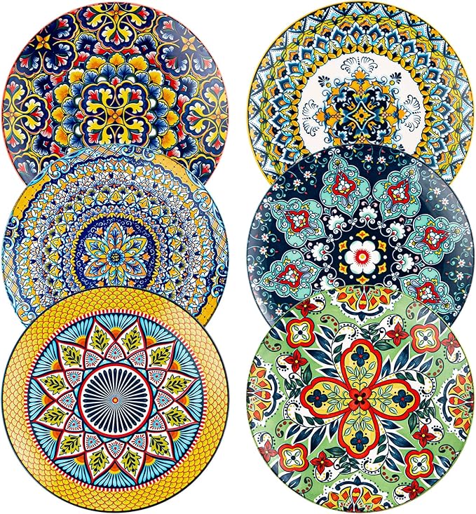 HENXFEN LEAD Ceramic Dessert, Salad Plates 8.5 Inch, Small Dinner Plate Set of 6- Serving Dishes for Thanksgiving & Christmas, Dishwasher & Microwave Safe - Bohemian Style