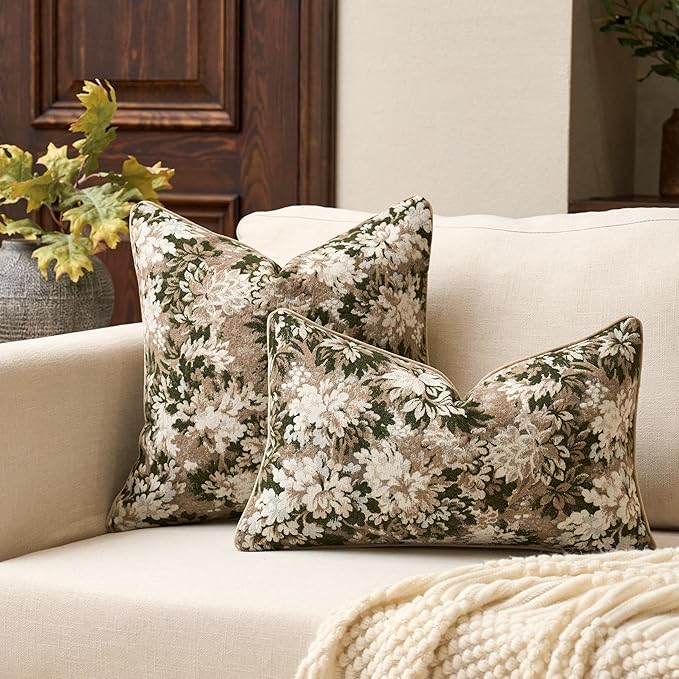 Yangest Neutral Floral Pillow Cover 20 x 20 Inches, Vintage Chenille Square Throw Pillow Cover Soft Decorative Farmhouse Accent Couch Pillow Cover for Living Room Bedroom, Green