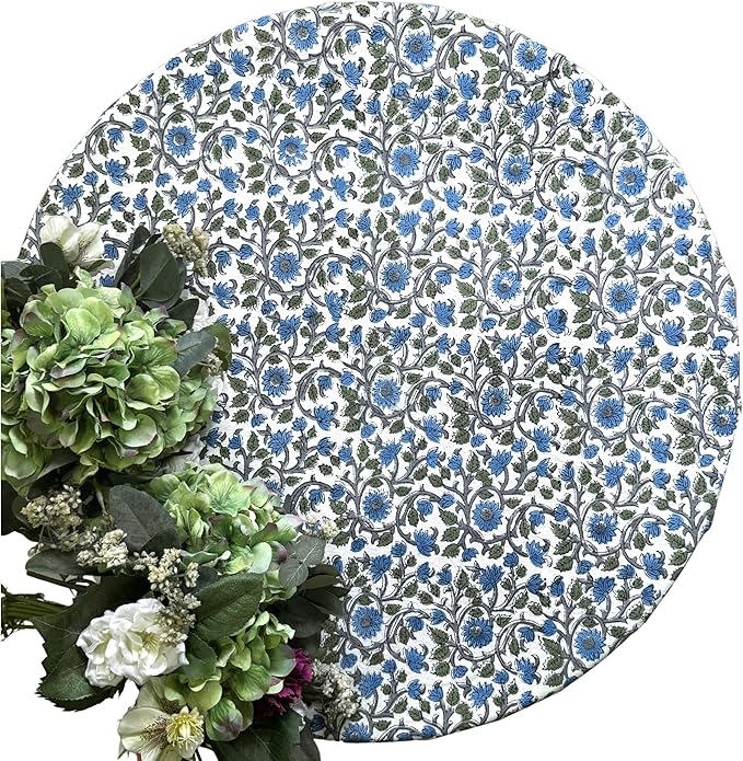 ATOSII Lake Como 100% Cotton Summer Round Tablecloth, Block Print Table Cloth for Dining, Weddings, Outdoors, Parties I Grand Millenial Farmhouse Coastal Boho Home Decor I 72" Inches 4 Seater
