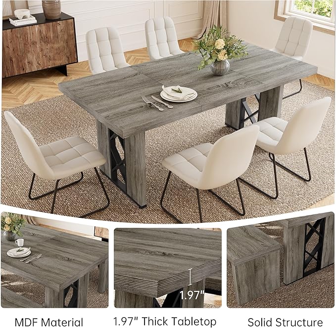 7-Piece Dining Table Set for 6 People, 70.8" MDF Kitchen Table with 6 Upholstered Chairs, Space-Saving for Dining Room, Breakfast Nook(Grey Table+6 White Chairs)