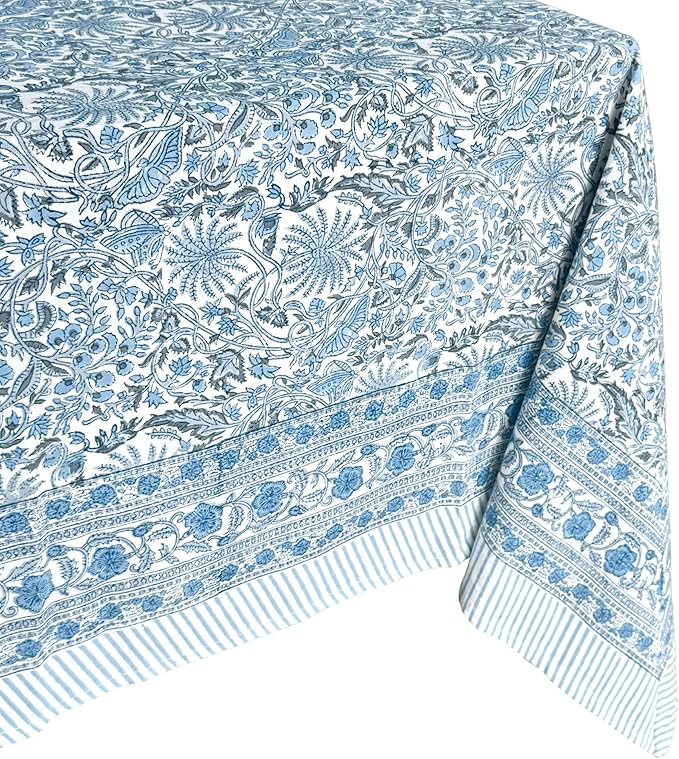 ATOSII Butterfly Blue 100% Cotton Rectangle Boho Fall Tablecloth, Handblock Floral Table Cloth Linen for Kitchen Dining I Parties Christmas Thanksgiving Grandmillenial I 72 X 108 Inches I 8 Seater