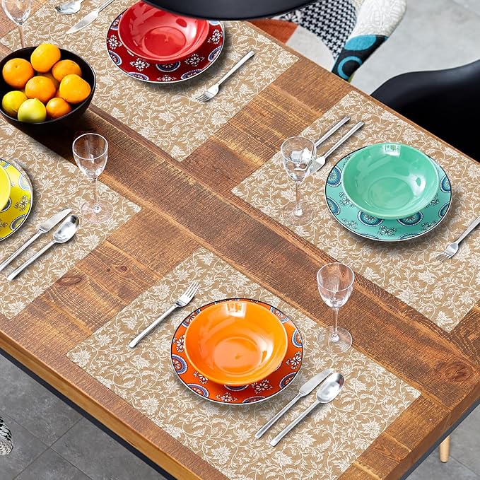 Block Print Placemats - Vintage Floral Place Mats Set of 4 Rustic Brown Beige Tablemats 12x18 for Party Kitchen Dining